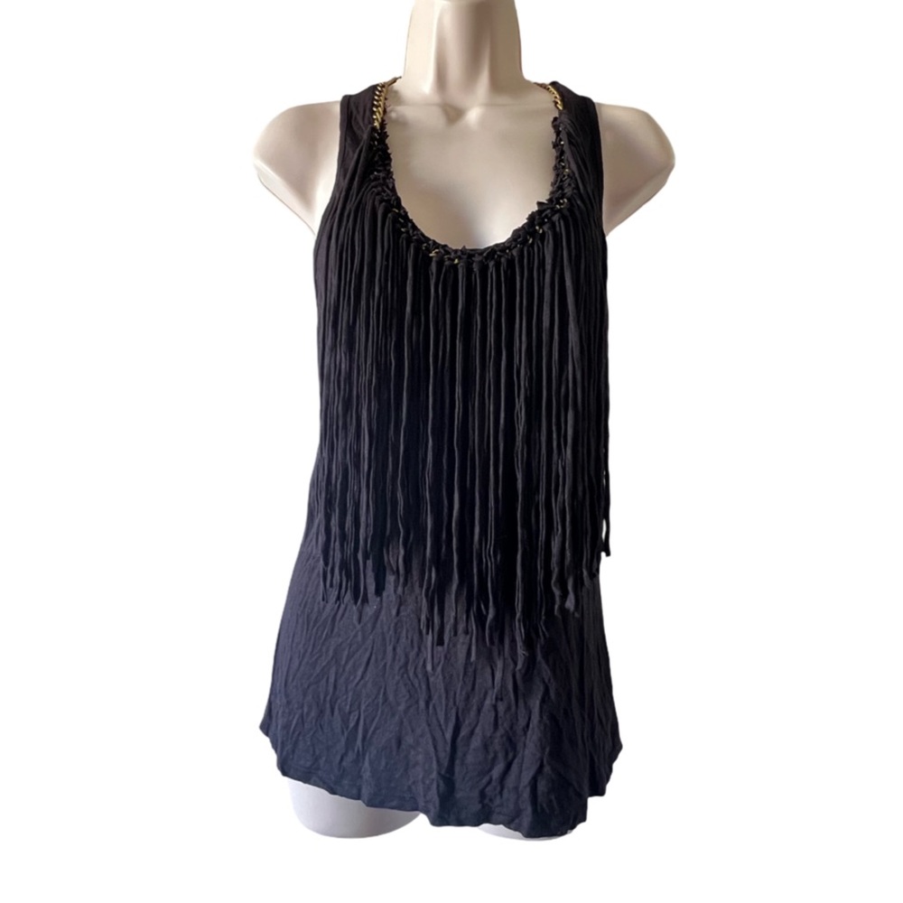 Boston Proper Black Fringe Tank with Chain-Trim Straps